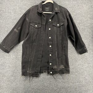 ZARA‎ TRF Denim Jacket Womens M Black MAKE MAMA PROUD Distressed Grunge Vintage